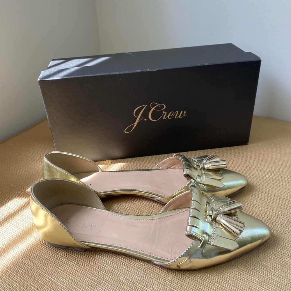 JCrew Gold Mirror Metallic D’orsay Fringe Flats 6.5